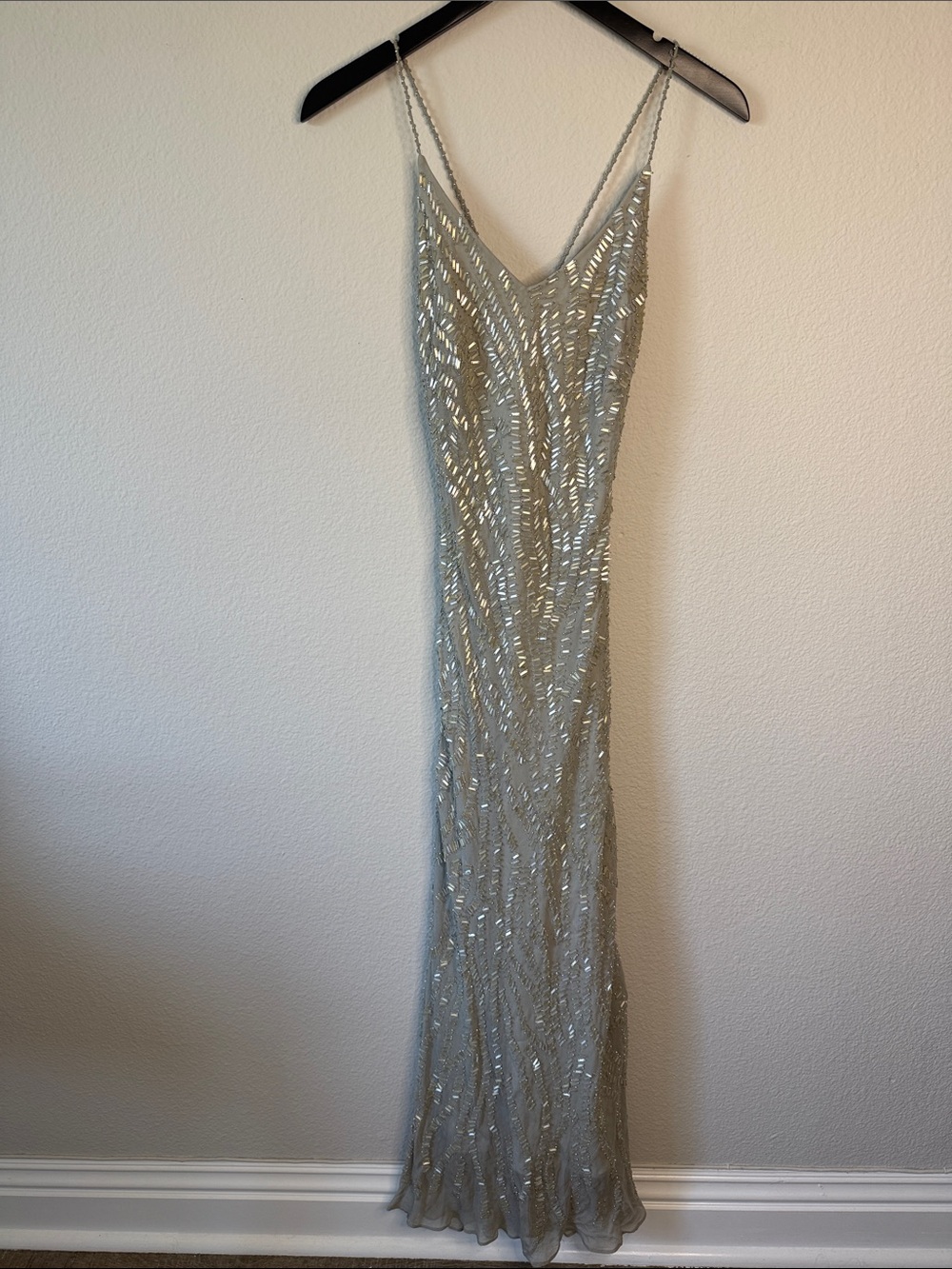 Vintage Y2K Sue Wong Nocturne Silver 100% Silk Beaded  gown slip fairy dress